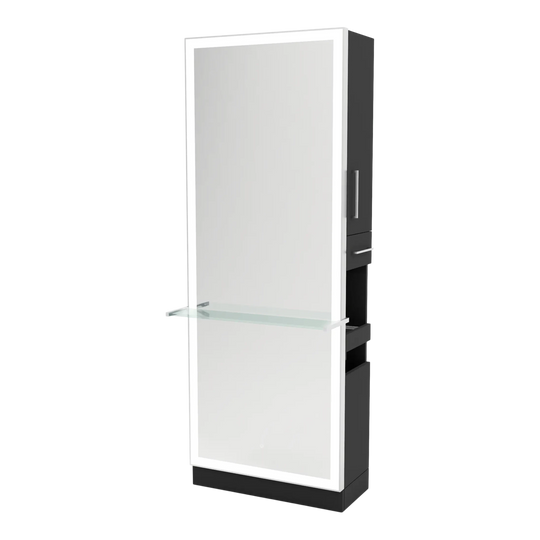 Glo Single Operator Styling Station with Pull-out Appliance Holder, Glass Shelf and Silver Full-Length Rectangle Glo Mirror - Kaemark