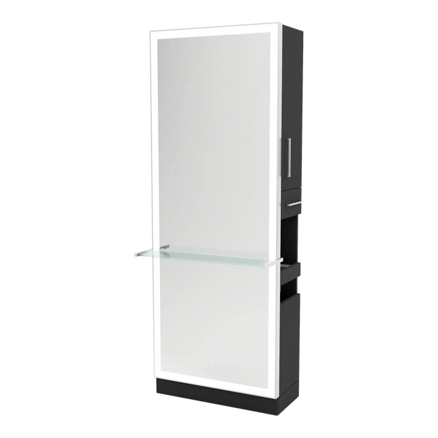 Glo Single Operator Styling Station with Pull-out Appliance Holder, Glass Shelf and Silver Full-Length Rectangle Glo Mirror - Kaemark