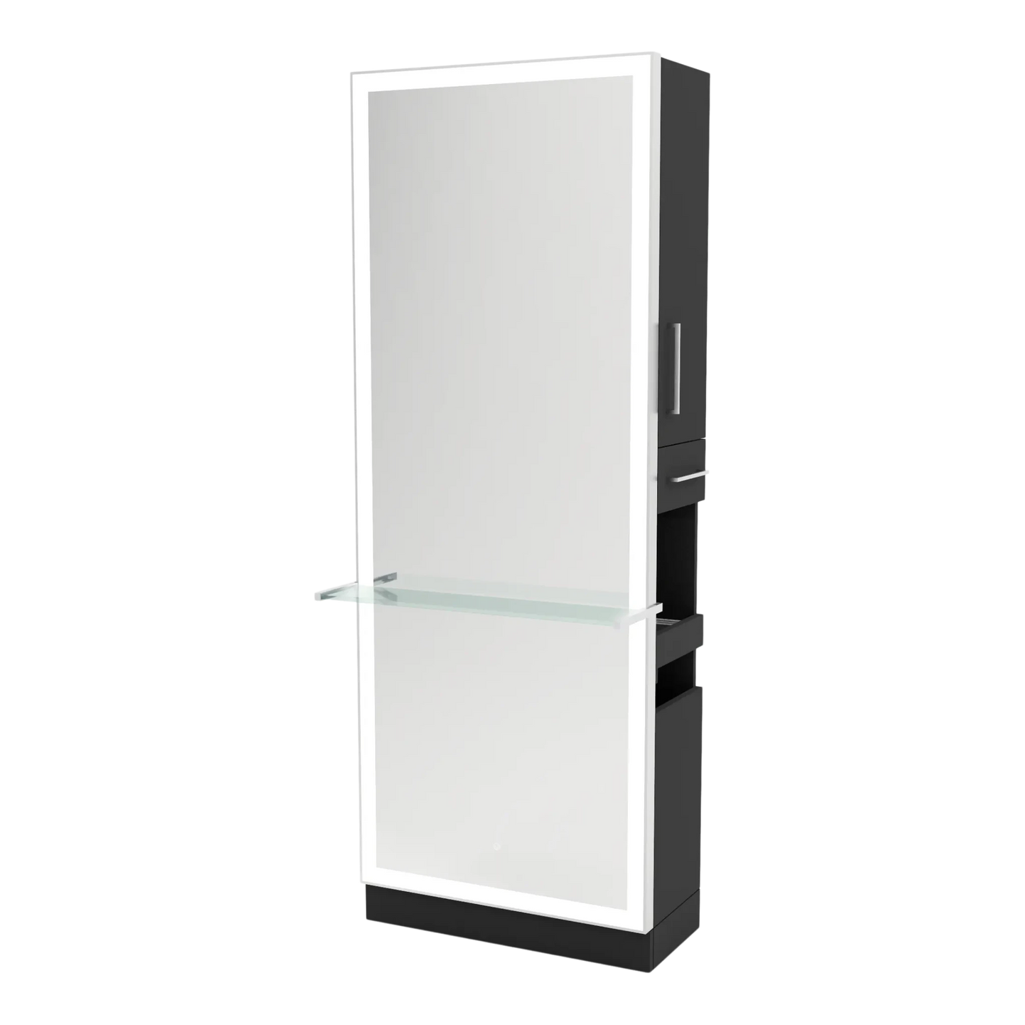 Glo Single Operator Styling Station with Pull-out Appliance Holder, Glass Shelf and Silver Full-Length Rectangle Glo Mirror - Kaemark