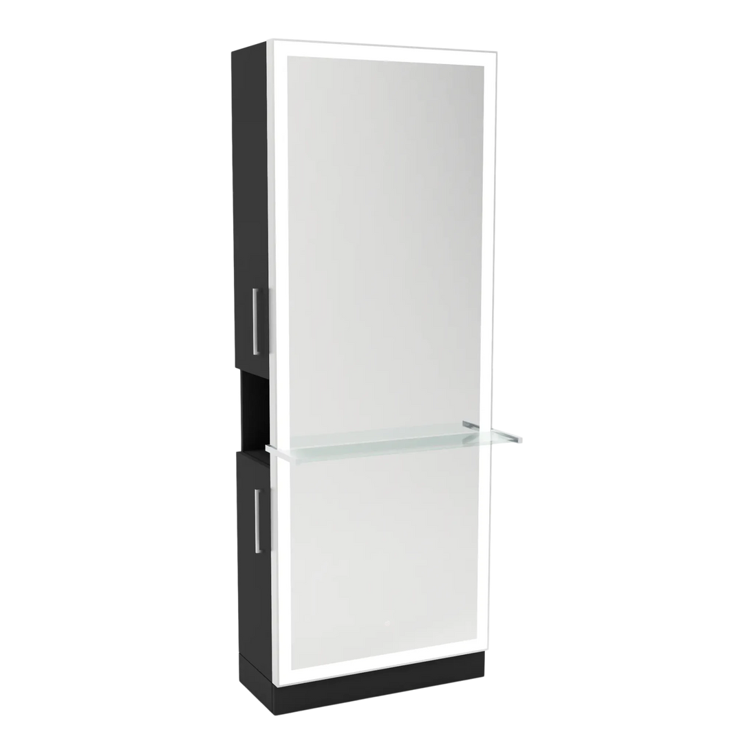 Glo Single Operator Styling Station with Pull-out Appliance Holder, Glass Shelf and Silver Full-Length Rectangle Glo Mirror - Kaemark