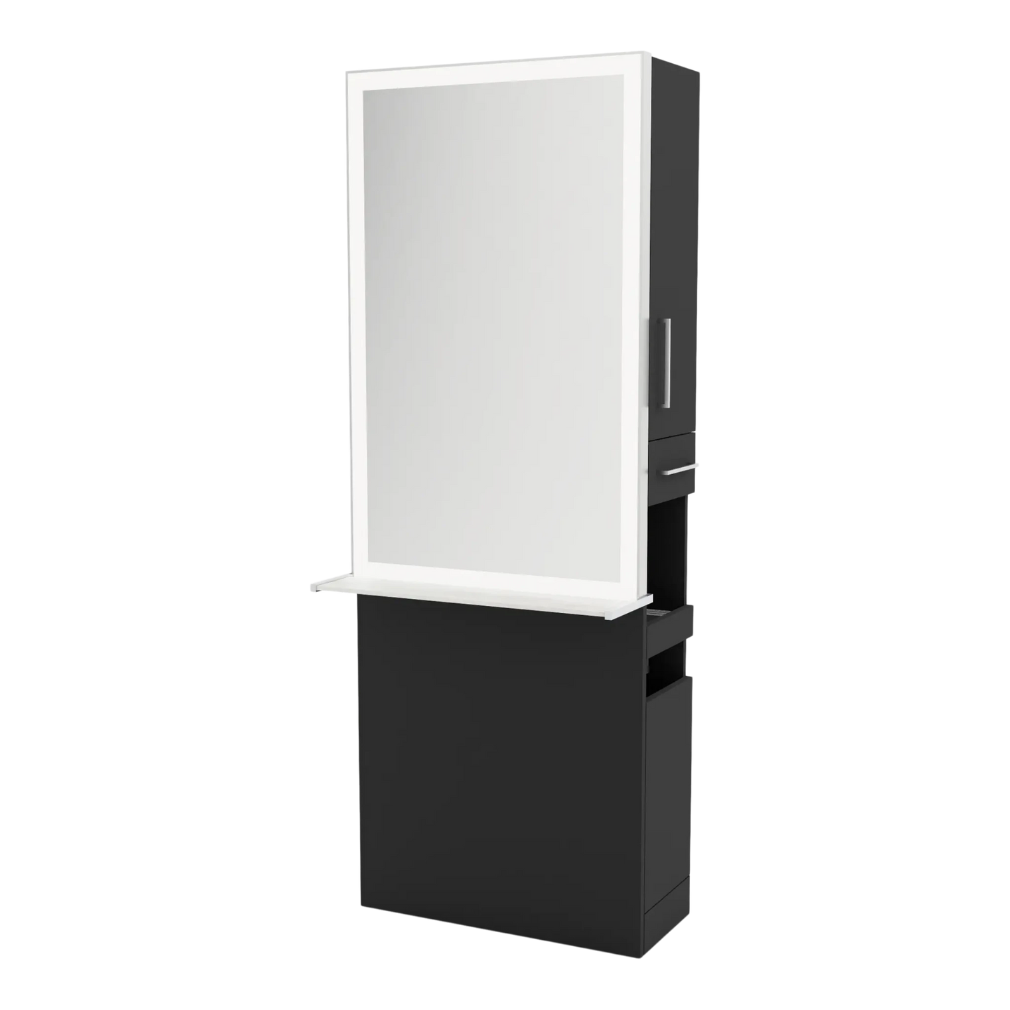 Glo Single Operator Styling Station with Pull-out Appliance Holder, Solid Surface Shelf, and Silver Rectangle Glo Mirror - Kaemark