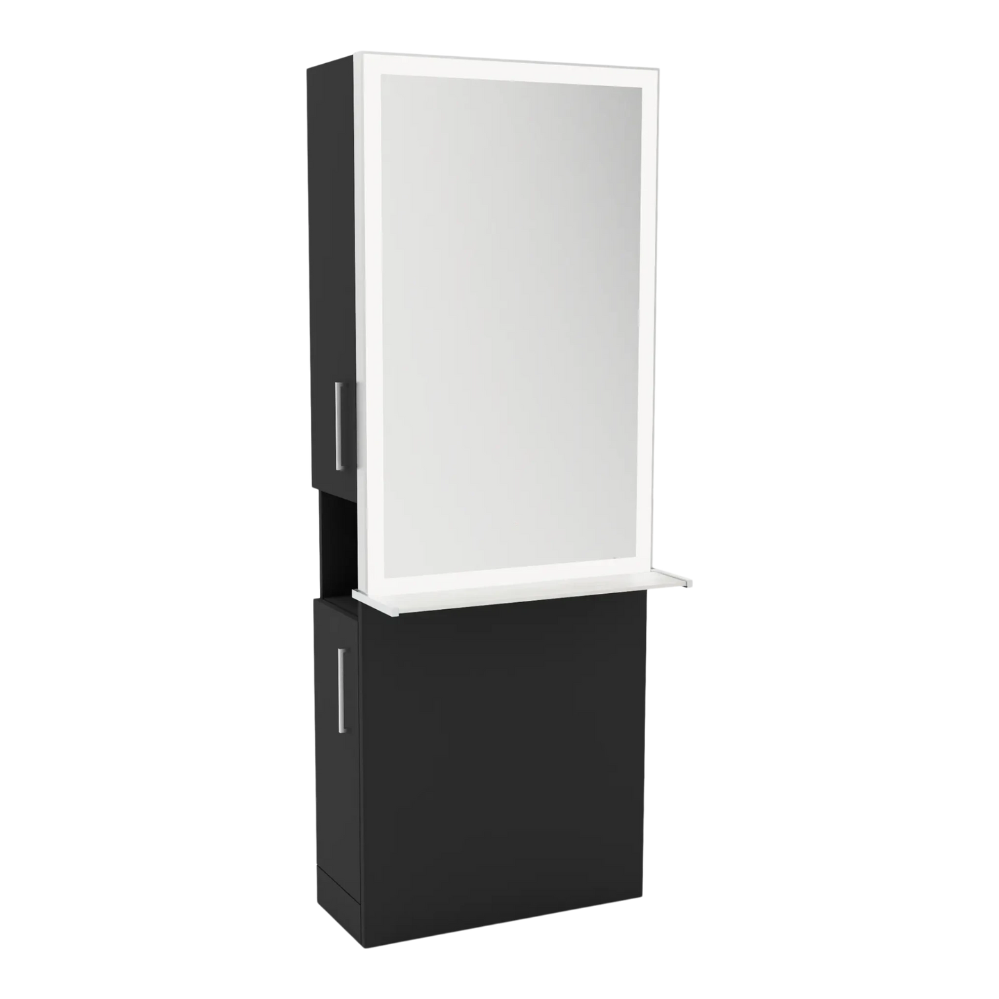 Glo Single Operator Styling Station with Pull-out Appliance Holder, Solid Surface Shelf, and Silver Rectangle Glo Mirror - Kaemark