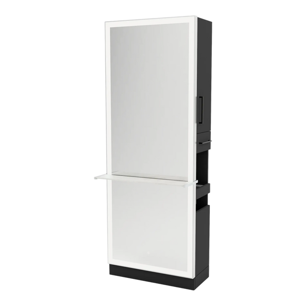 Glo Single Operator Styling Station with Pull-out Appliance Holder, Solid Surface Shelf, and Full-Length Rectangle Glo Mirror - Kaemark