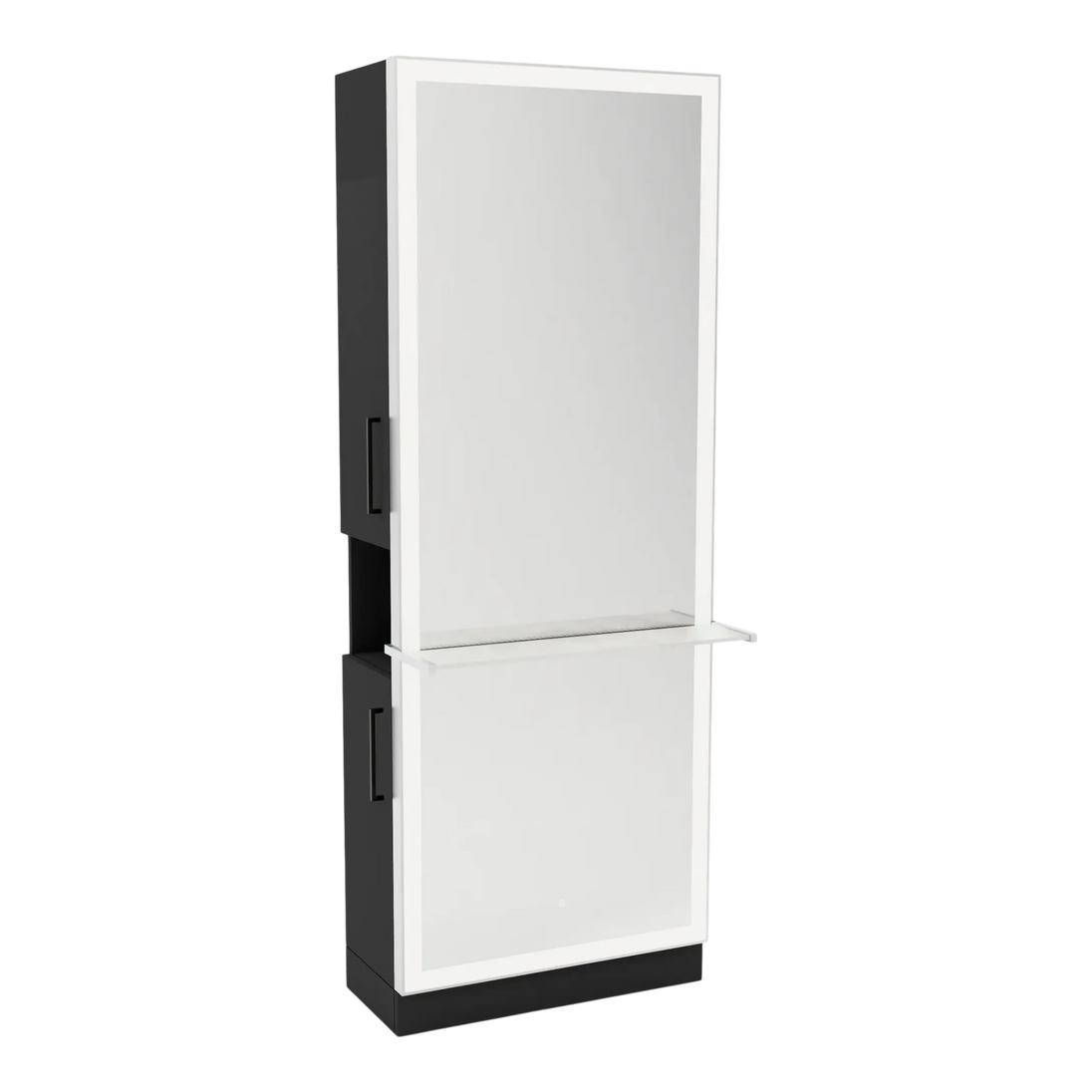 Glo Single Operator Styling Station with Pull-out Appliance Holder, Solid Surface Shelf, and Full-Length Rectangle Glo Mirror - Kaemark