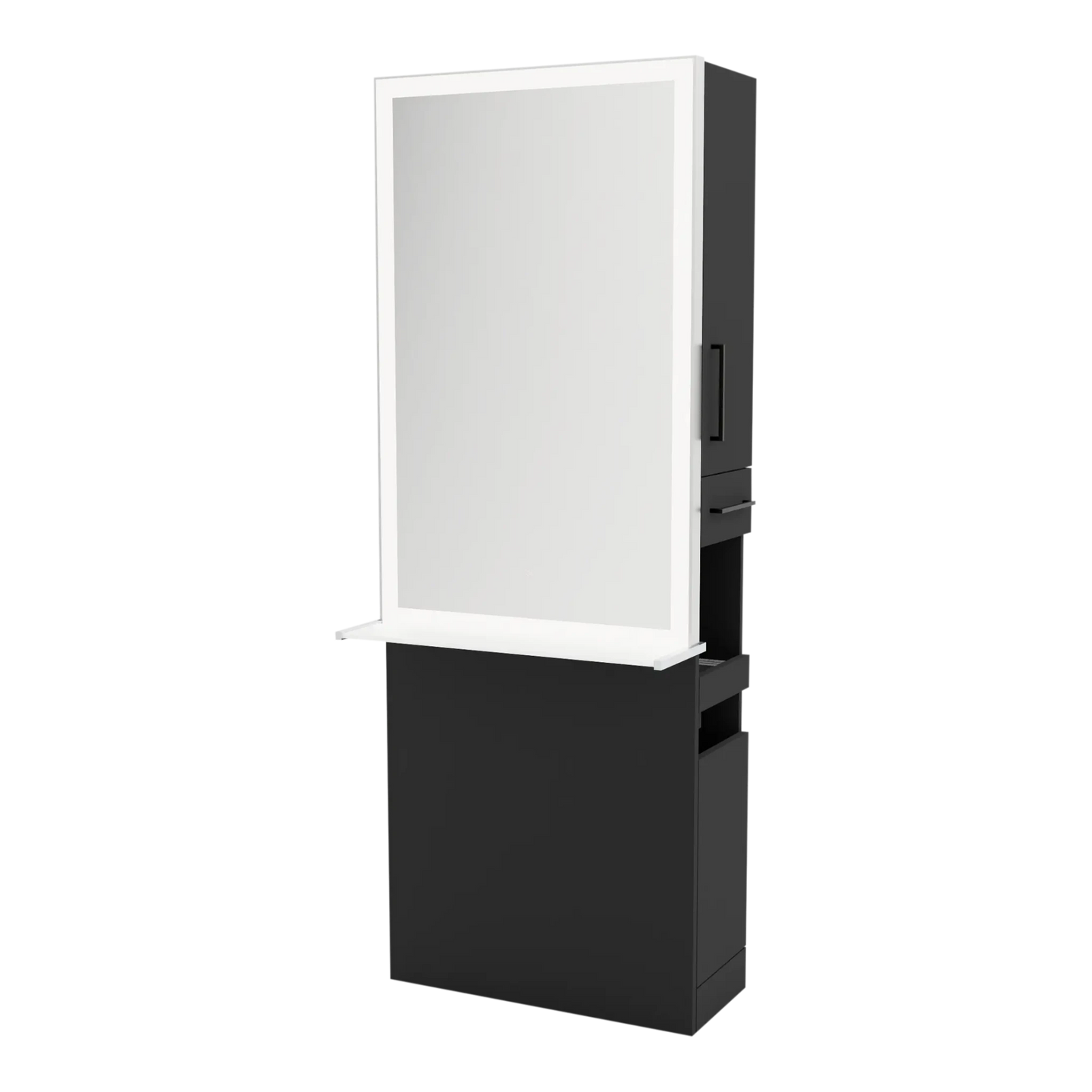 Glo Single Operator Styling Station with Pull-out Appliance Holder, Solid Surface Shelf, and Silver Rectangle Glo Mirror - Kaemark