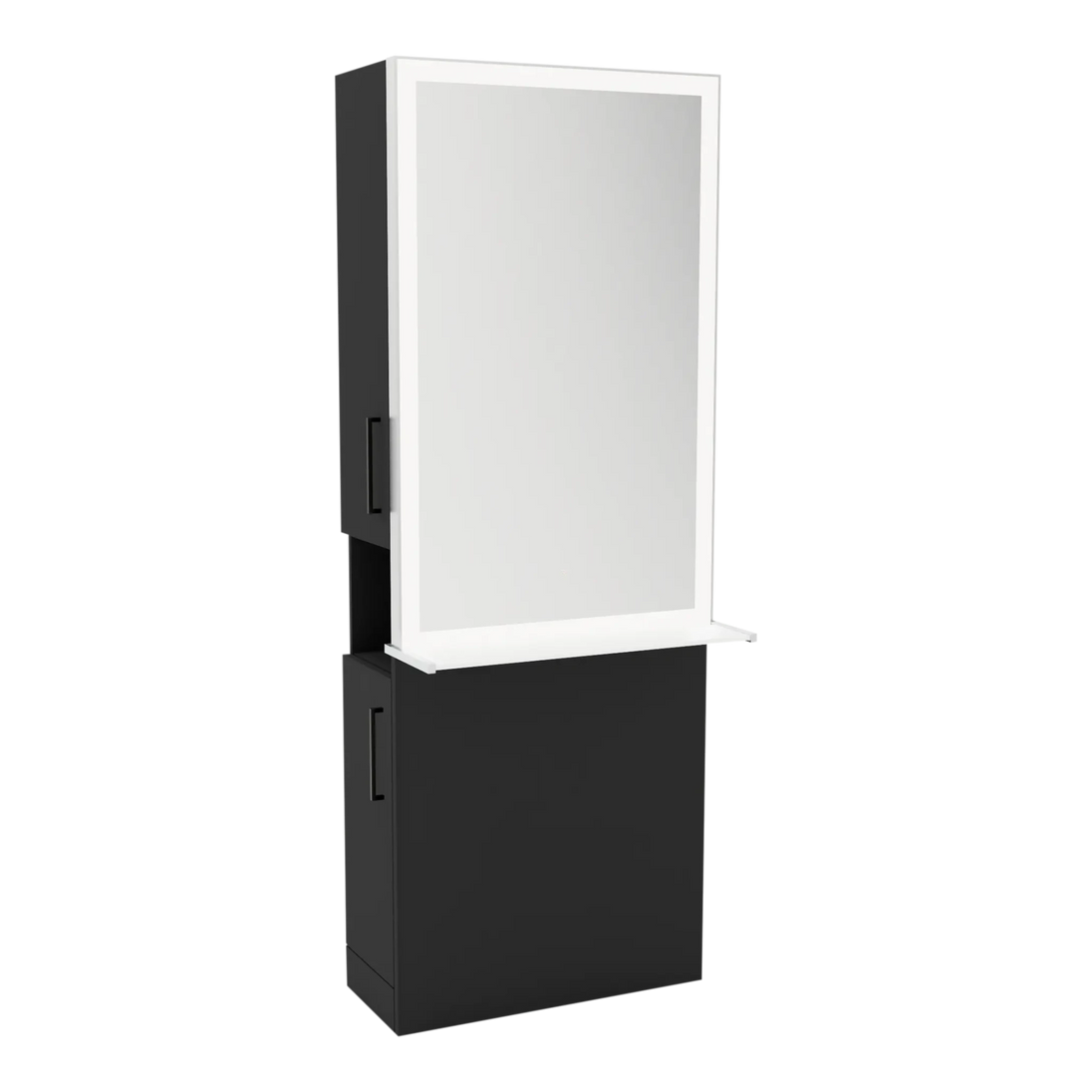 Glo Single Operator Styling Station with Pull-out Appliance Holder, Solid Surface Shelf, and Silver Rectangle Glo Mirror - Kaemark