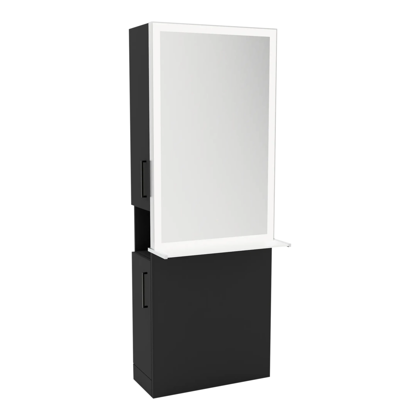 Glo Single Operator Styling Station with Pull-out Appliance Holder, Solid Surface Shelf, and Silver Rectangle Glo Mirror - Kaemark