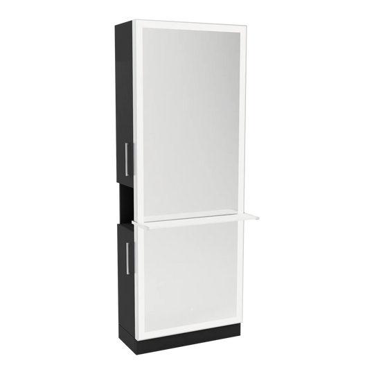 Glo Single Operator Styling Station with Pull-out Appliance Holder, Solid Surface Shelf, and Full-Length Rectangle Glo Mirror - Kaemark