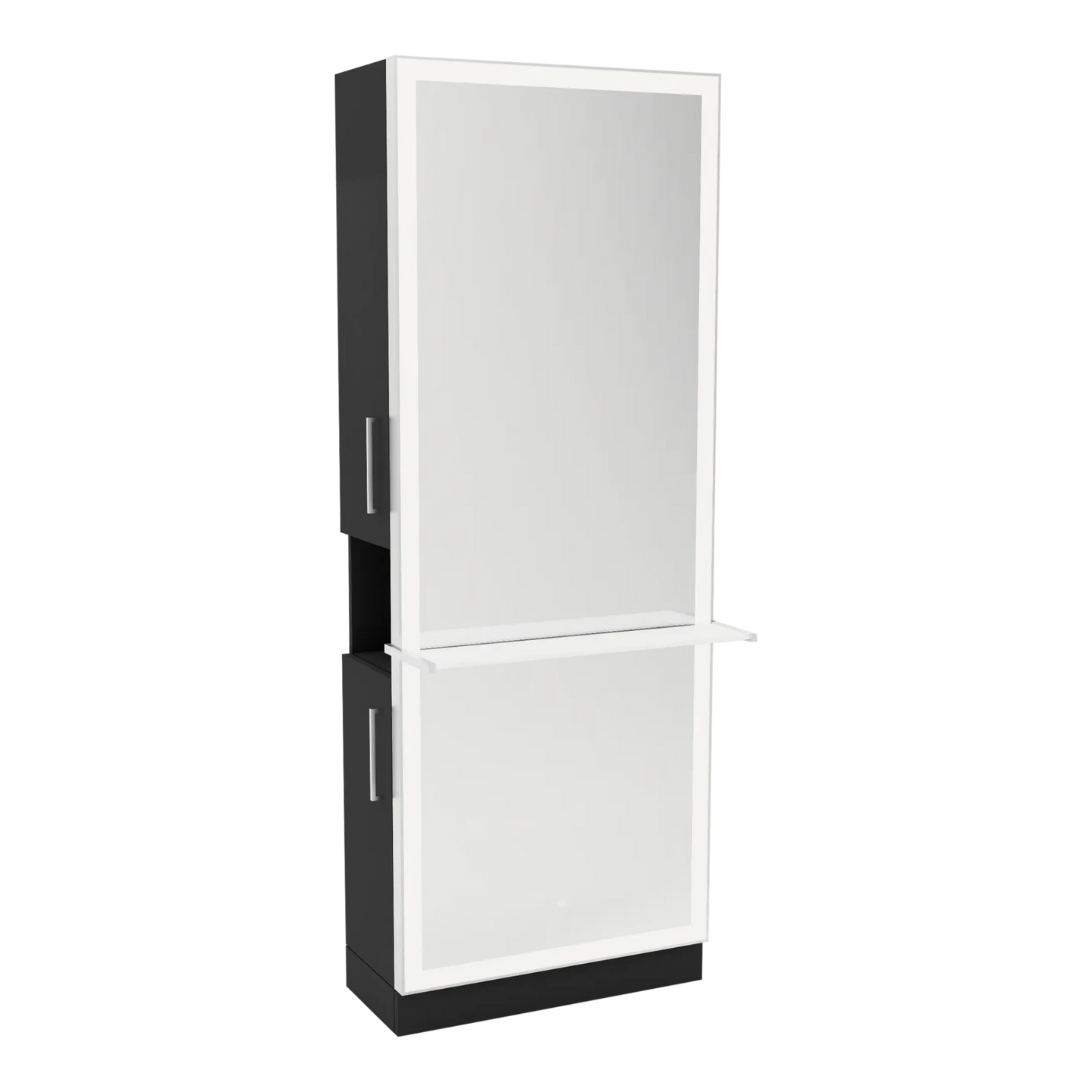 Glo Single Operator Styling Station with Pull-out Appliance Holder, Solid Surface Shelf, and Full-Length Rectangle Glo Mirror - Kaemark