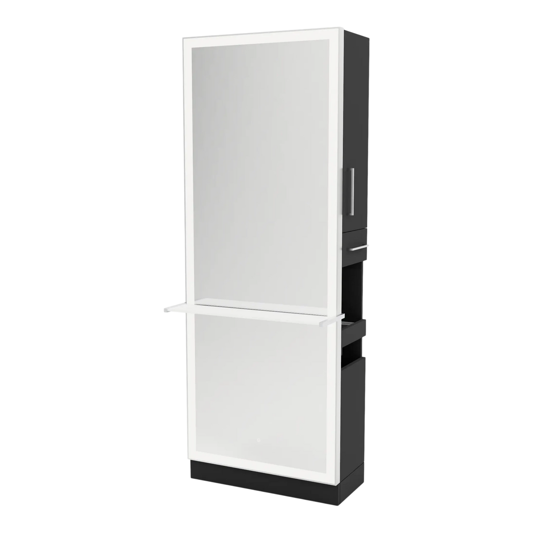 Glo Single Operator Styling Station with Pull-out Appliance Holder, Solid Surface Shelf, and Full-Length Rectangle Glo Mirror - Kaemark