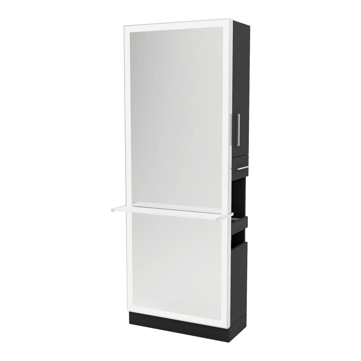 Glo Single Operator Styling Station with Pull-out Appliance Holder, Solid Surface Shelf, and Full-Length Rectangle Glo Mirror - Kaemark