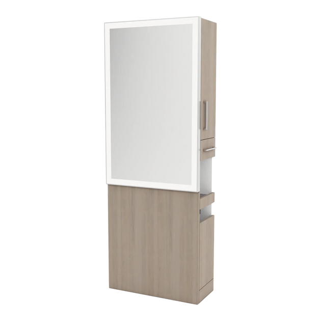 Glo Single Operator Styling Station with Pull-out Appliance Holder and Silver Rectangle Glo Mirror - Kaemark