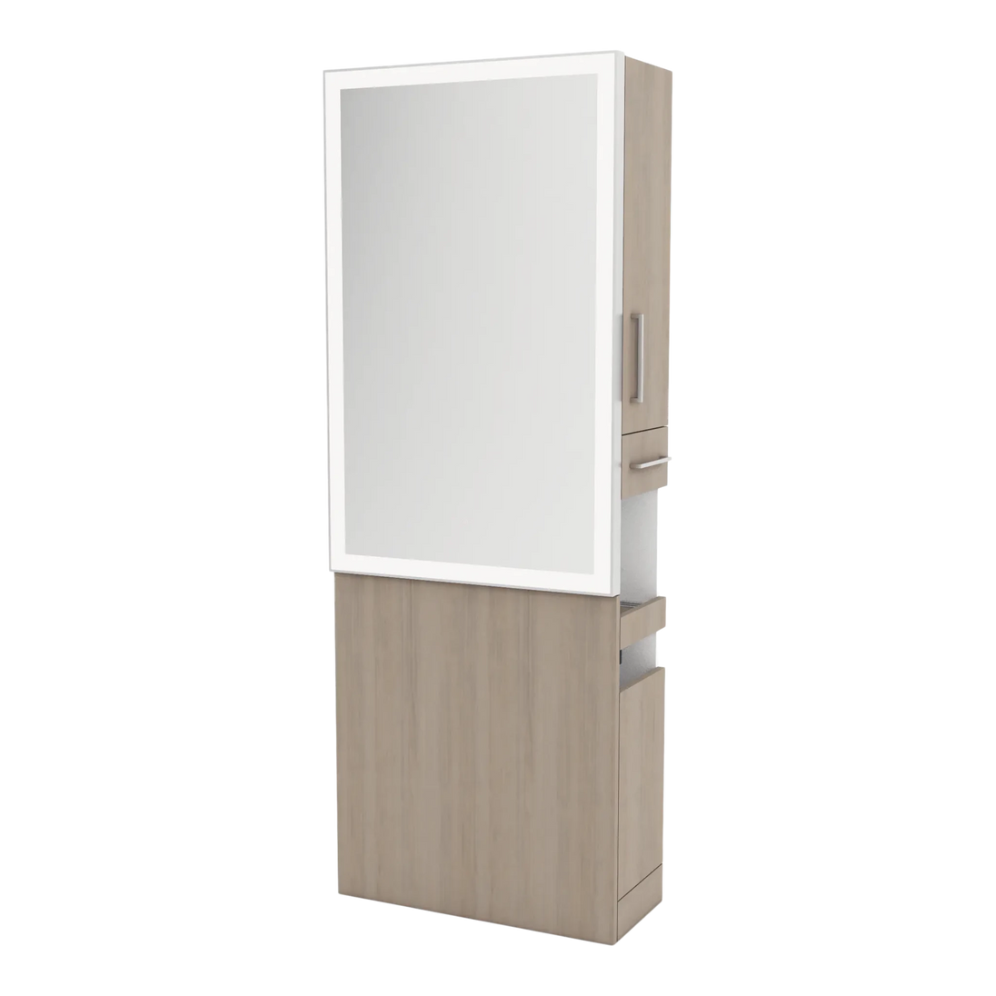 Glo Single Operator Styling Station with Pull-out Appliance Holder and Silver Rectangle Glo Mirror - Kaemark