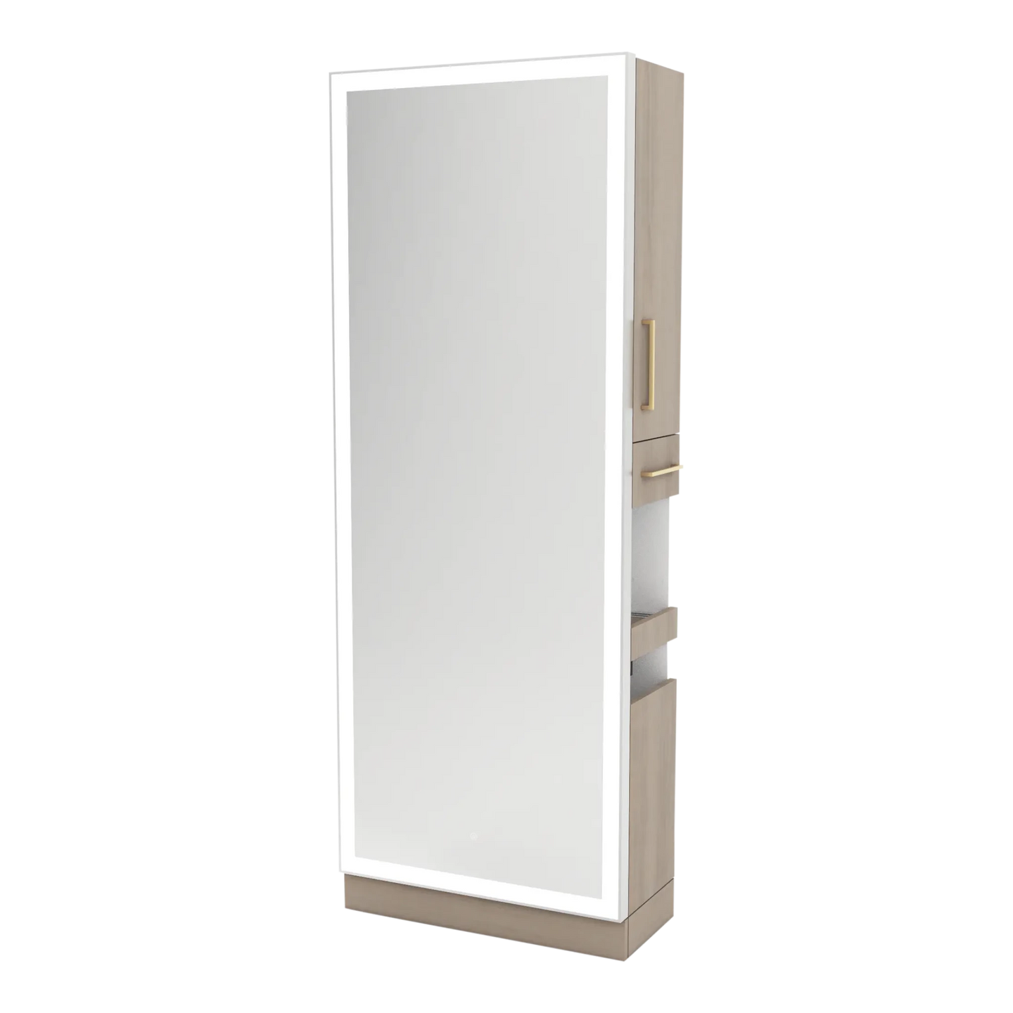 Glo Single Operator Styling Station with Pull-out Appliance Holder, Silver Rectangle Glo Mirror - Kaemark