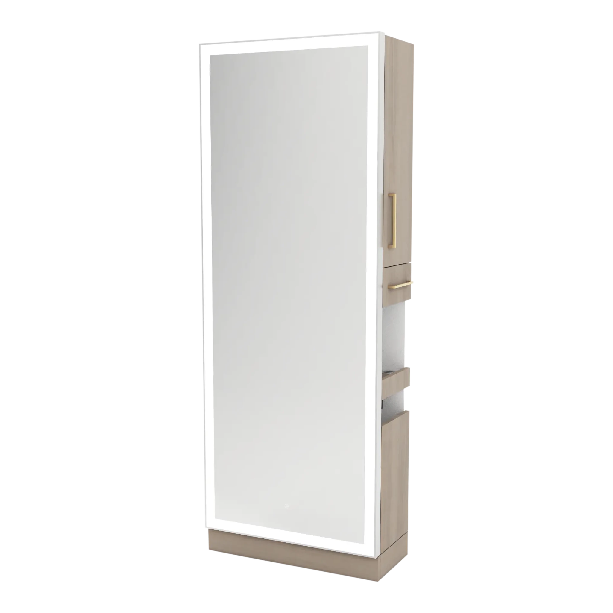 Glo Single Operator Styling Station with Pull-out Appliance Holder, Silver Rectangle Glo Mirror - Kaemark