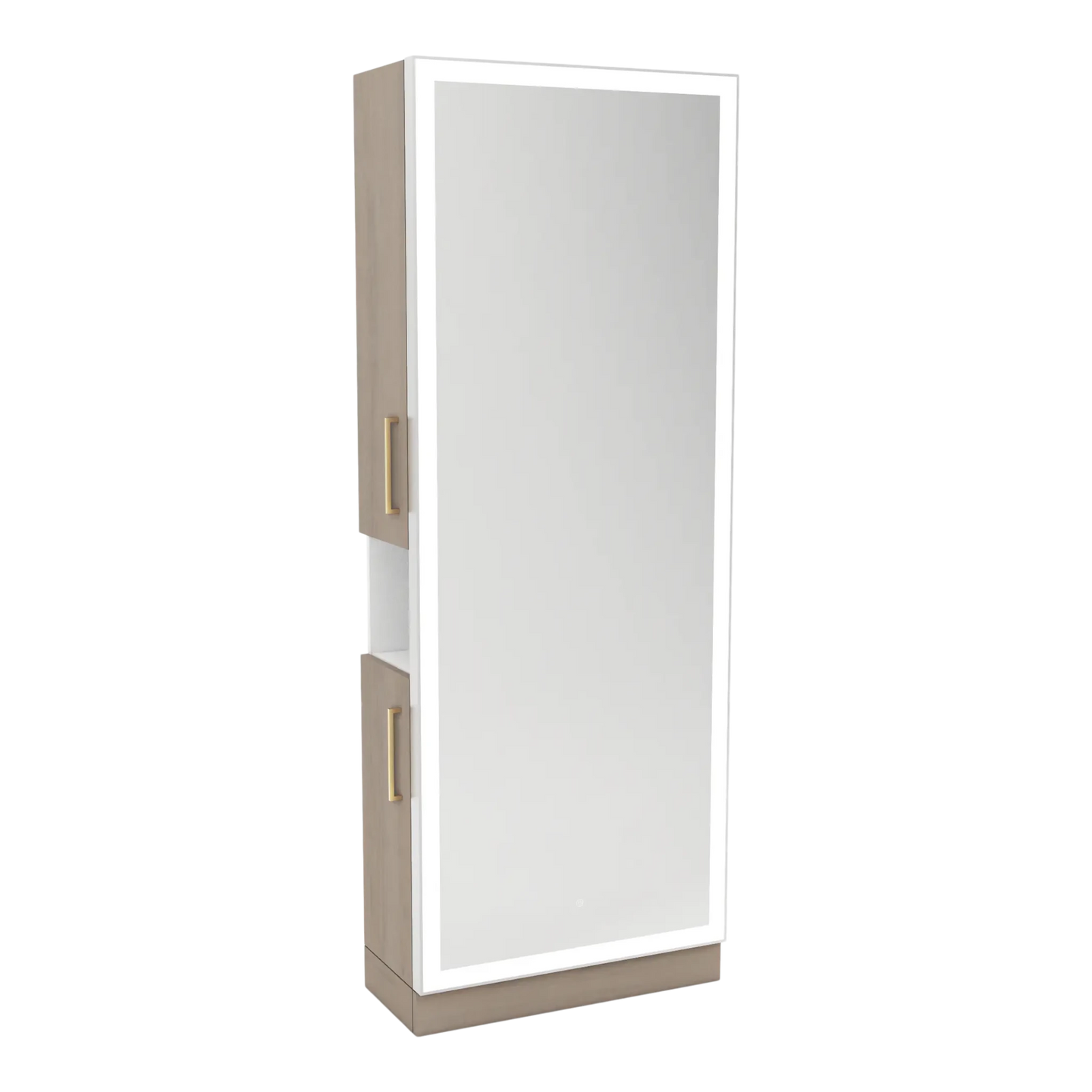 Glo Single Operator Styling Station with Pull-out Appliance Holder, Silver Rectangle Glo Mirror - Kaemark