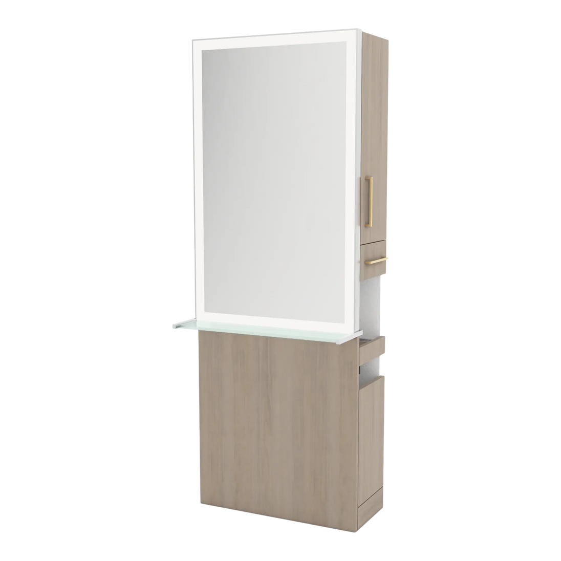 Glo Single Operator Styling Station with Pull-out Appliance Holder, Glass Shelf and Silver Rectangle Glo Mirror - Kaemark