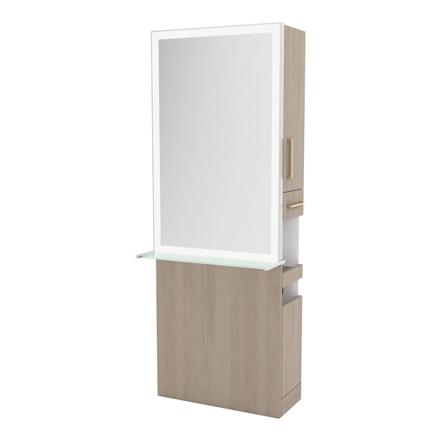 Glo Single Operator Styling Station with Pull-out Appliance Holder, Glass Shelf and Silver Rectangle Glo Mirror - Kaemark