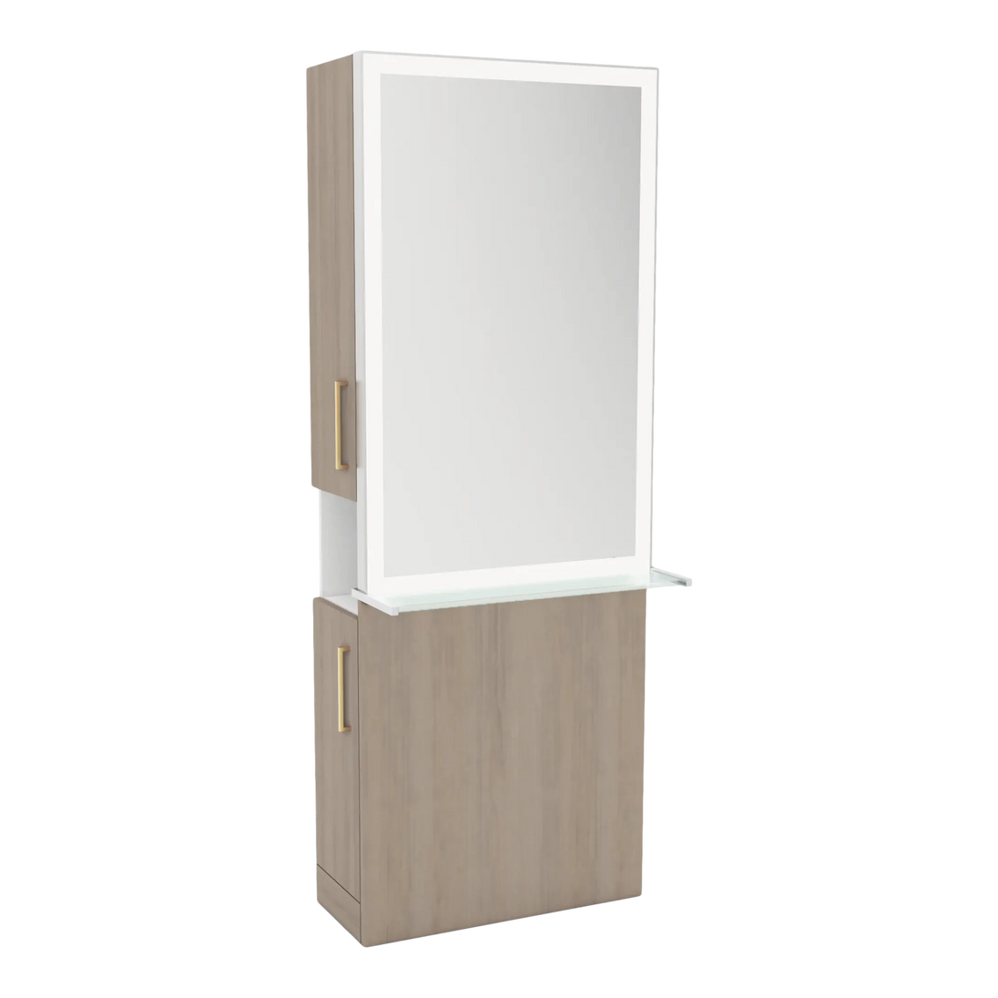 Glo Single Operator Styling Station with Pull-out Appliance Holder, Glass Shelf and Silver Rectangle Glo Mirror - Kaemark