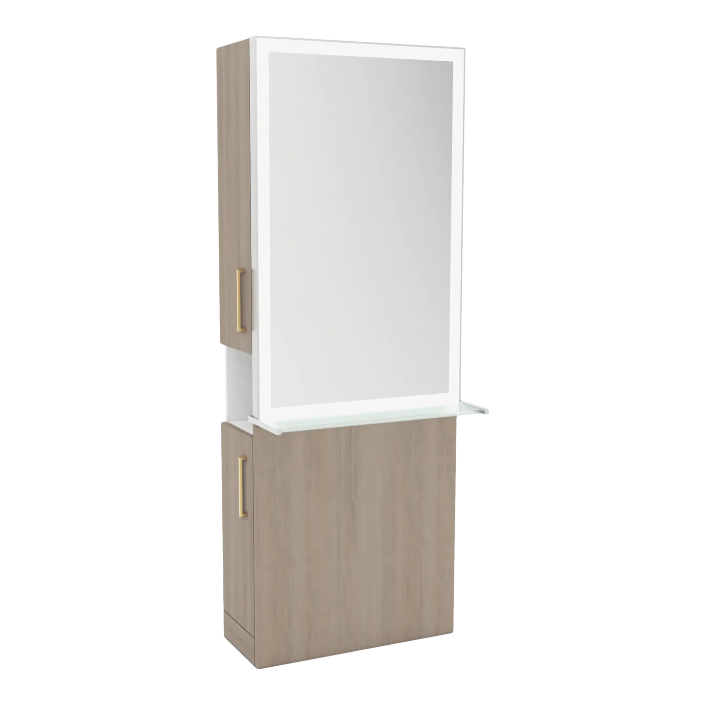 Glo Single Operator Styling Station with Pull-out Appliance Holder, Glass Shelf and Silver Rectangle Glo Mirror - Kaemark