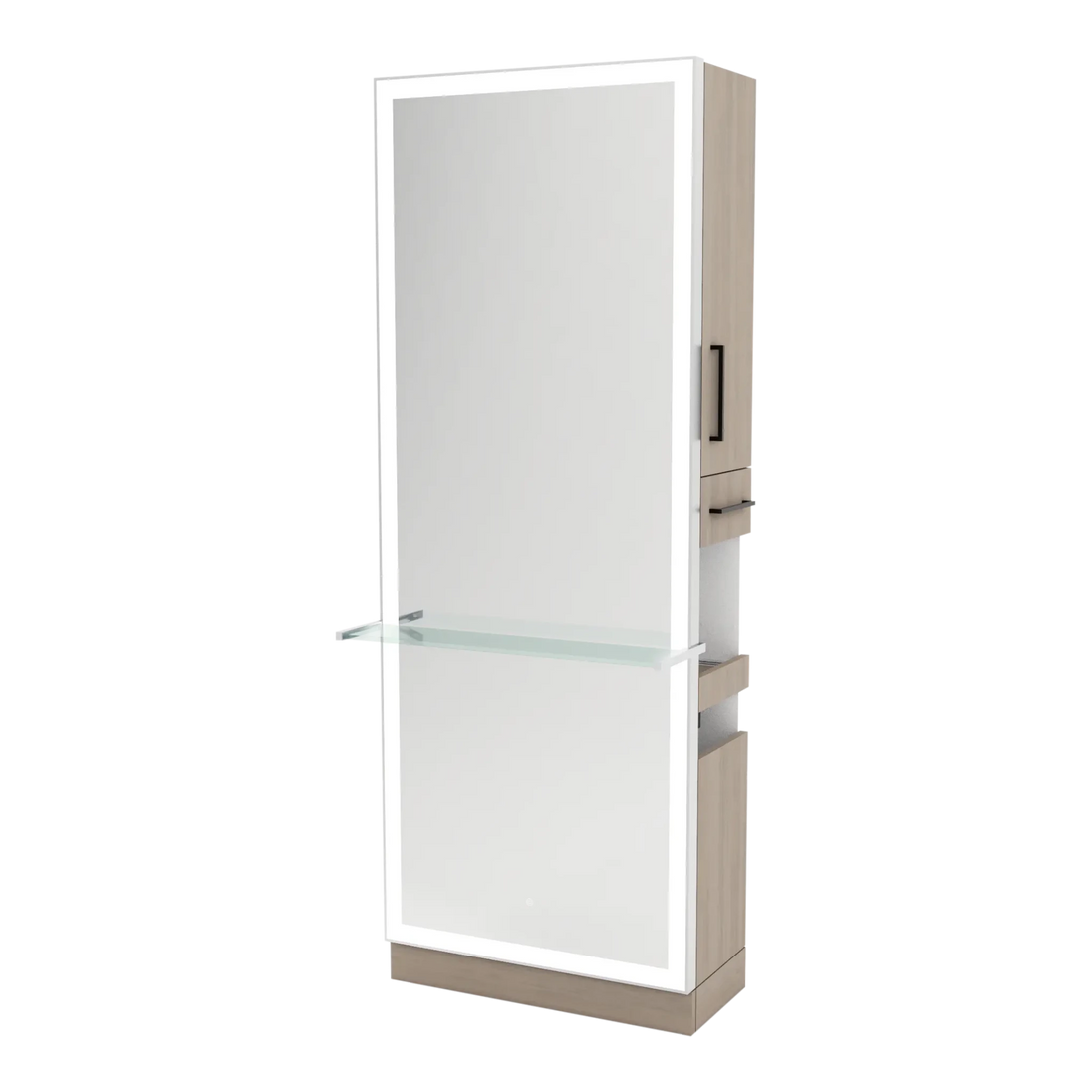Glo Single Operator Styling Station with Pull-out Appliance Holder, Glass Shelf and Silver Full-Length Rectangle Glo Mirror - Kaemark