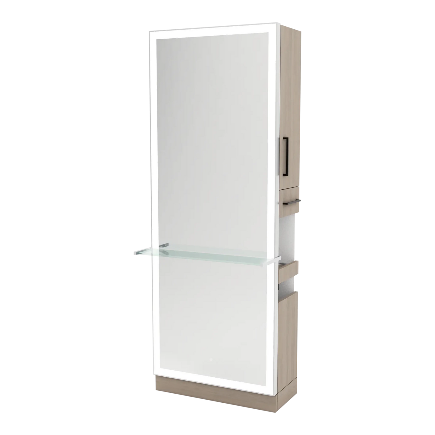 Glo Single Operator Styling Station with Pull-out Appliance Holder, Glass Shelf and Silver Full-Length Rectangle Glo Mirror - Kaemark