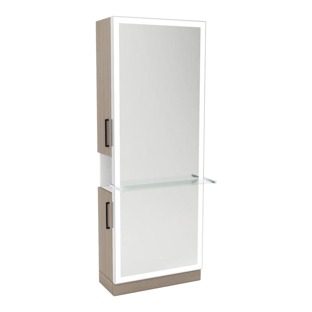 Glo Single Operator Styling Station with Pull-out Appliance Holder, Glass Shelf and Silver Full-Length Rectangle Glo Mirror - Kaemark