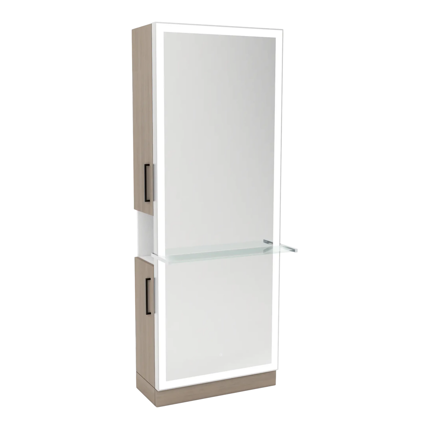 Glo Single Operator Styling Station with Pull-out Appliance Holder, Glass Shelf and Silver Full-Length Rectangle Glo Mirror - Kaemark