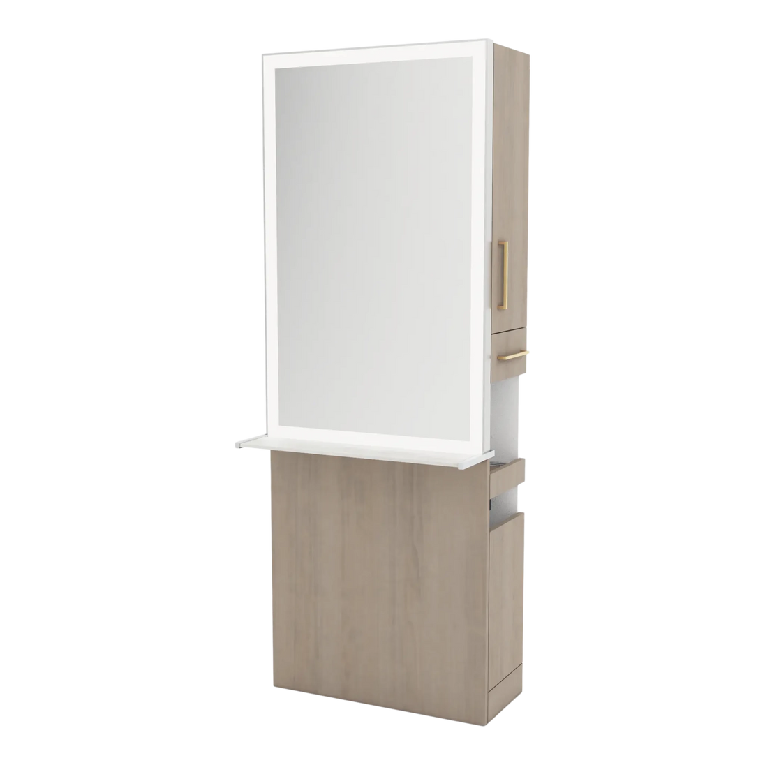 Glo Single Operator Styling Station with Pull-out Appliance Holder, Solid Surface Shelf, and Silver Rectangle Glo Mirror - Kaemark