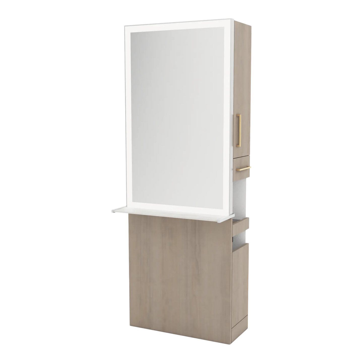 Glo Single Operator Styling Station with Pull-out Appliance Holder, Solid Surface Shelf, and Silver Rectangle Glo Mirror - Kaemark