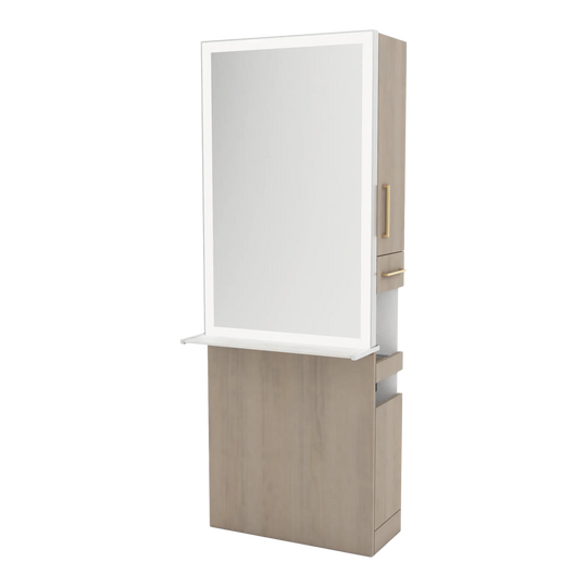 Glo Single Operator Styling Station with Pull-out Appliance Holder, Solid Surface Shelf, and Silver Rectangle Glo Mirror - Kaemark