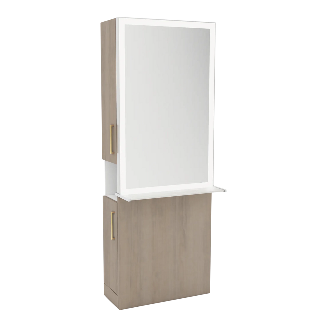 Glo Single Operator Styling Station with Pull-out Appliance Holder, Solid Surface Shelf, and Silver Rectangle Glo Mirror - Kaemark