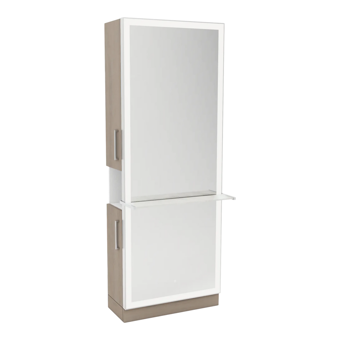 Glo Single Operator Styling Station with Pull-out Appliance Holder, Solid Surface Shelf, and Full-Length Rectangle Glo Mirror - Kaemark