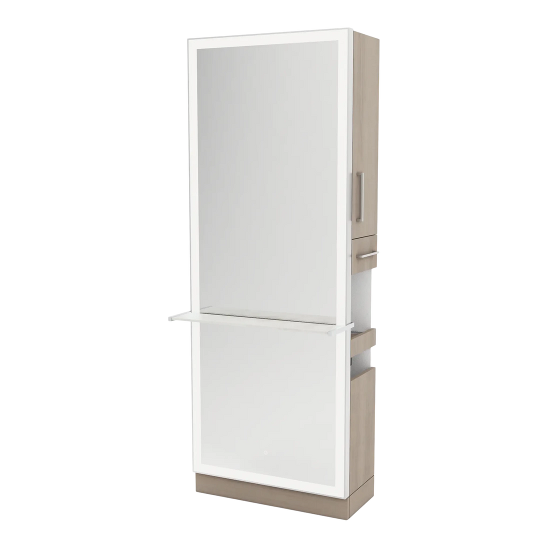 Glo Single Operator Styling Station with Pull-out Appliance Holder, Solid Surface Shelf, and Full-Length Rectangle Glo Mirror - Kaemark