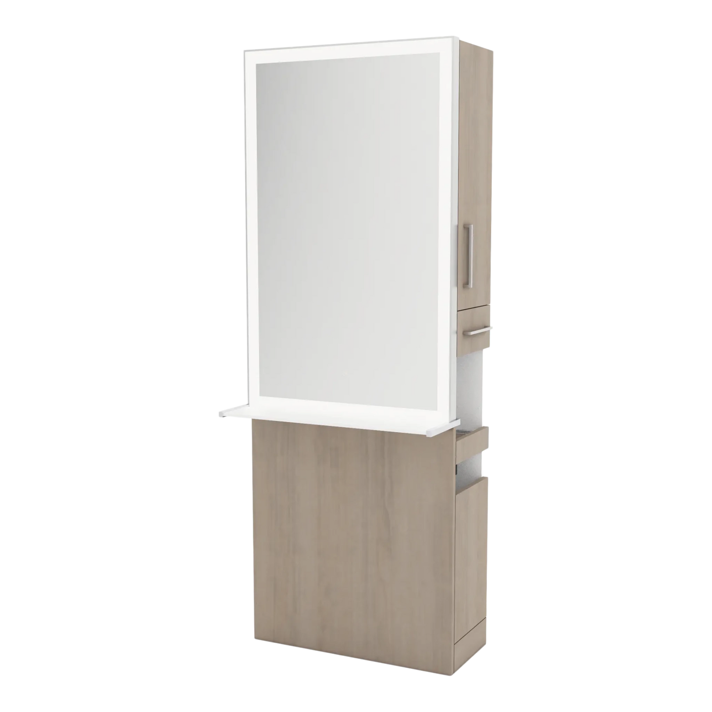 Glo Single Operator Styling Station with Pull-out Appliance Holder, Solid Surface Shelf, and Silver Rectangle Glo Mirror - Kaemark