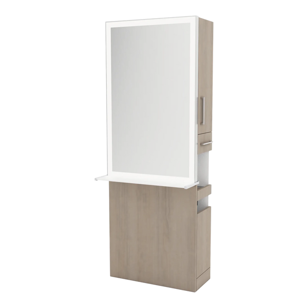 Glo Single Operator Styling Station with Pull-out Appliance Holder, Solid Surface Shelf, and Silver Rectangle Glo Mirror - Kaemark