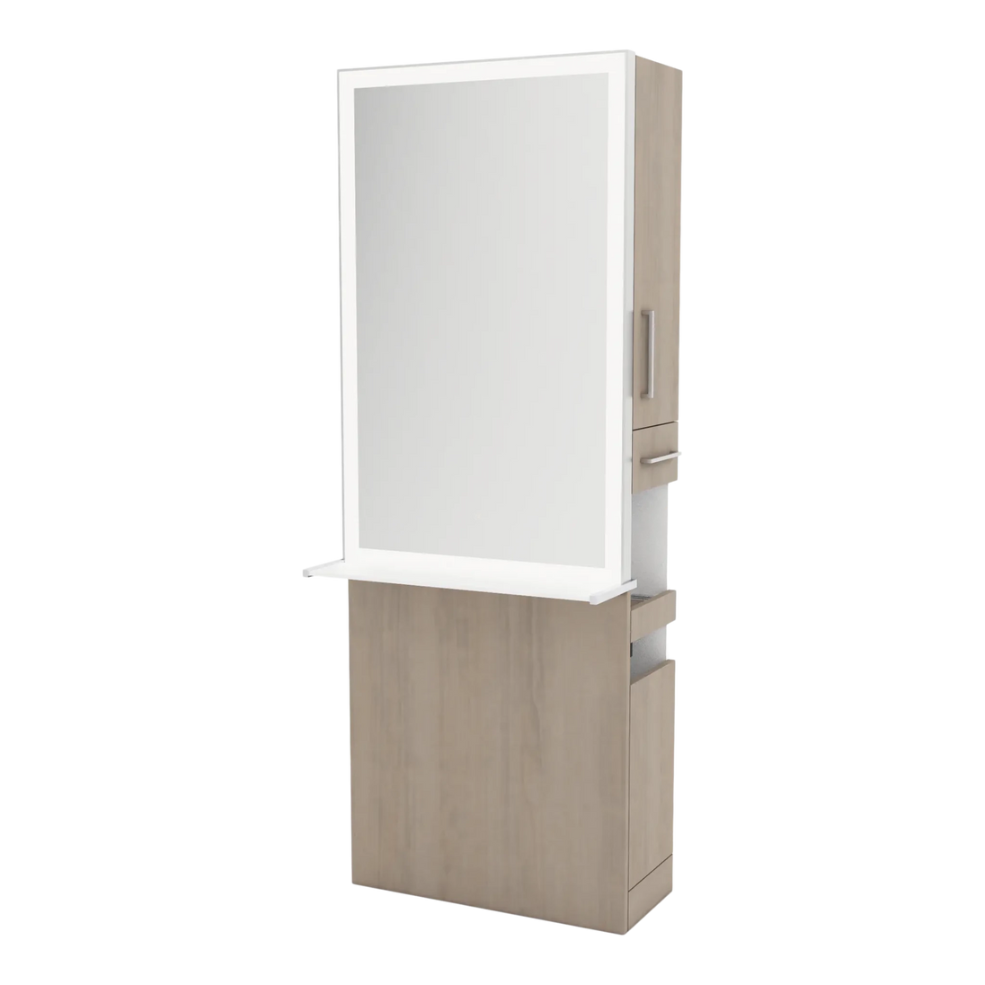 Glo Single Operator Styling Station with Pull-out Appliance Holder, Solid Surface Shelf, and Silver Rectangle Glo Mirror - Kaemark