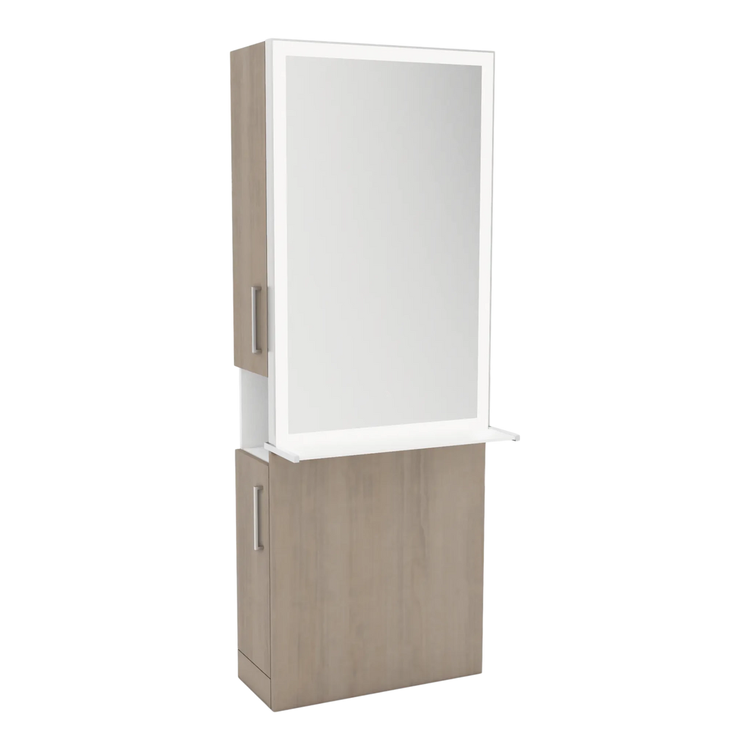 Glo Single Operator Styling Station with Pull-out Appliance Holder, Solid Surface Shelf, and Silver Rectangle Glo Mirror - Kaemark