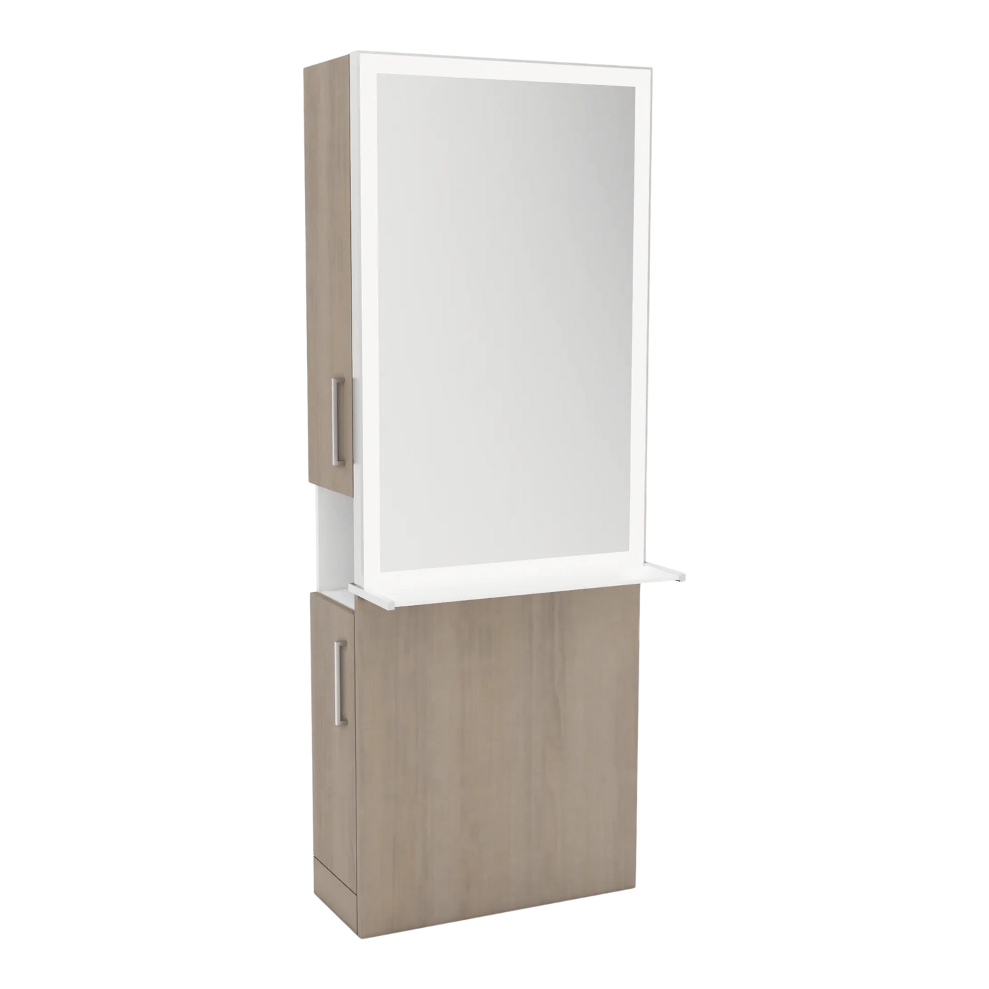 Glo Single Operator Styling Station with Pull-out Appliance Holder, Solid Surface Shelf, and Silver Rectangle Glo Mirror - Kaemark