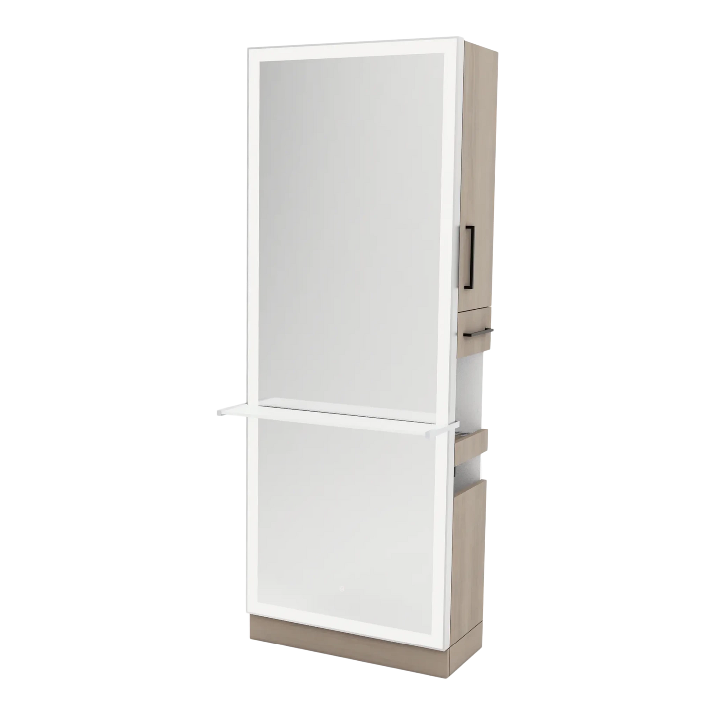 Glo Single Operator Styling Station with Pull-out Appliance Holder, Solid Surface Shelf, and Full-Length Rectangle Glo Mirror - Kaemark
