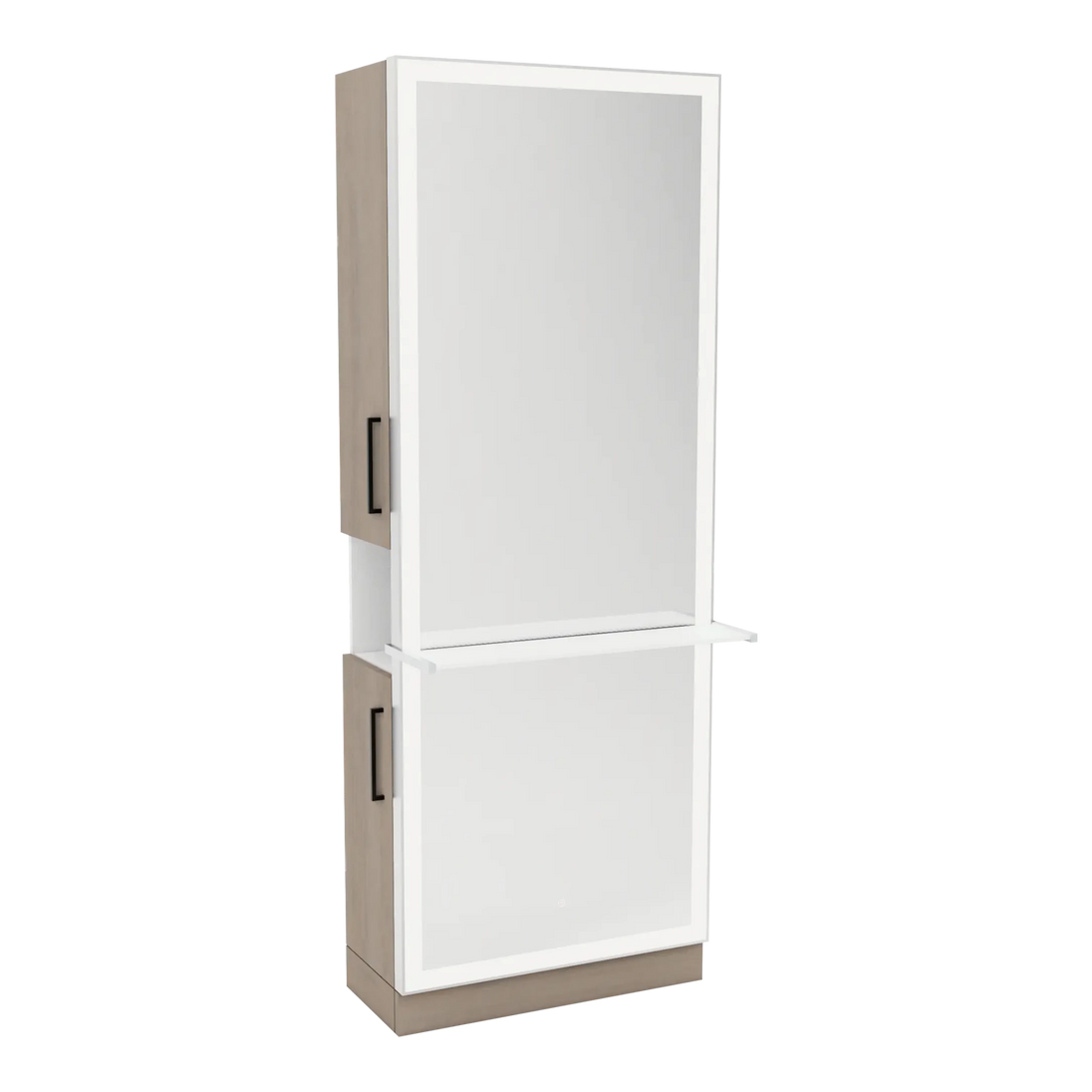 Glo Single Operator Styling Station with Pull-out Appliance Holder, Solid Surface Shelf, and Full-Length Rectangle Glo Mirror - Kaemark