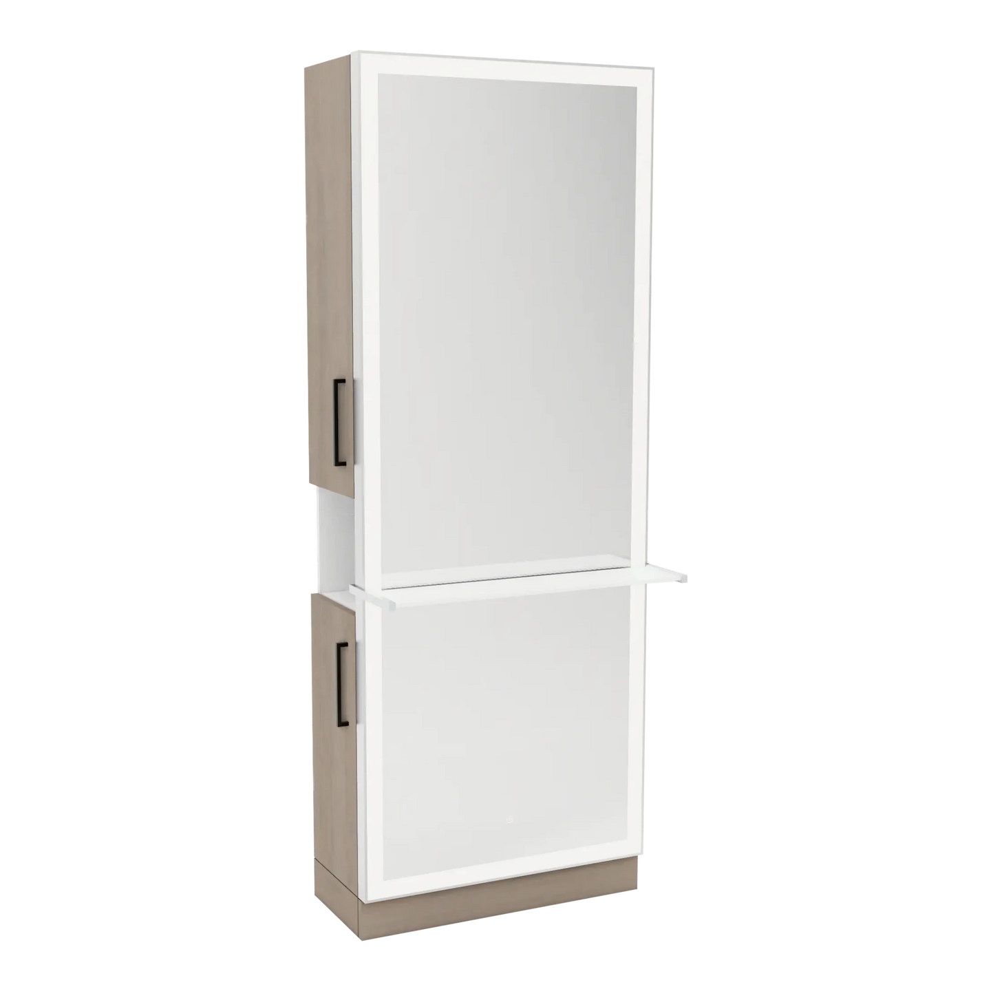 Glo Single Operator Styling Station with Pull-out Appliance Holder, Solid Surface Shelf, and Full-Length Rectangle Glo Mirror - Kaemark