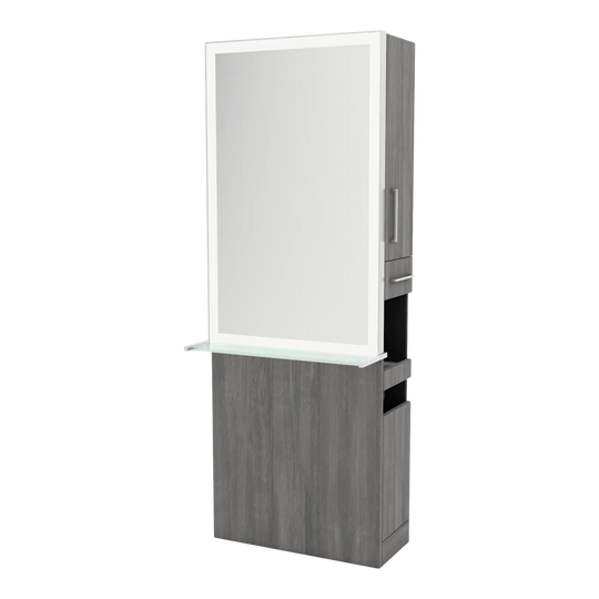 Glo Single Operator Styling Station with Pull-out Appliance Holder, Glass Shelf and Silver Rectangle Glo Mirror - Kaemark