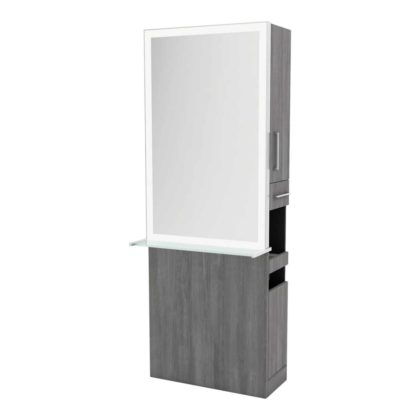 Glo Single Operator Styling Station with Pull-out Appliance Holder, Glass Shelf and Silver Rectangle Glo Mirror - Kaemark