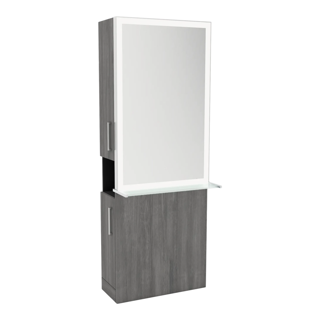 Glo Single Operator Styling Station with Pull-out Appliance Holder, Glass Shelf and Silver Rectangle Glo Mirror - Kaemark