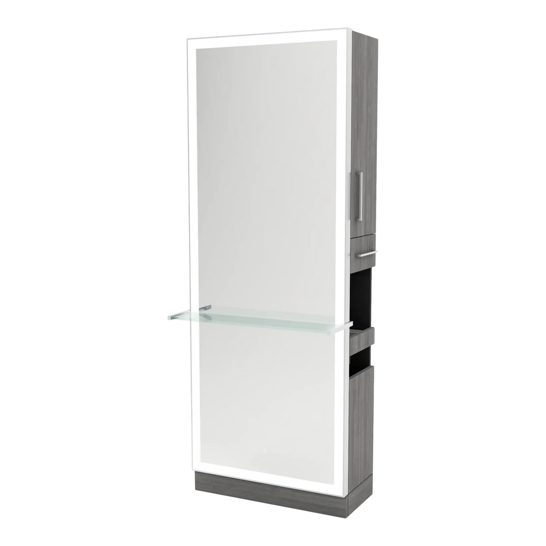 Glo Single Operator Styling Station with Pull-out Appliance Holder, Glass Shelf and Silver Full-Length Rectangle Glo Mirror - Kaemark