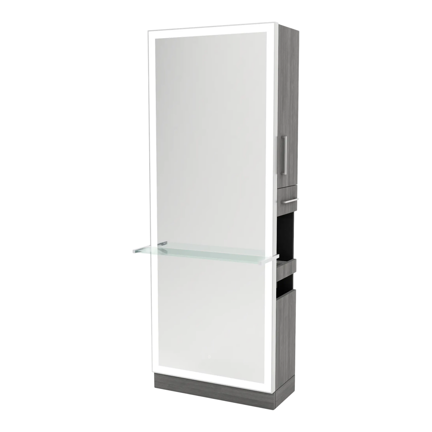 Glo Single Operator Styling Station with Pull-out Appliance Holder, Glass Shelf and Silver Full-Length Rectangle Glo Mirror - Kaemark