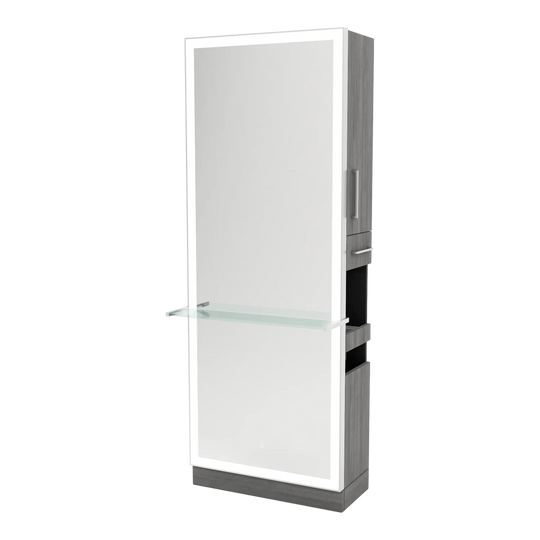 Glo Single Operator Styling Station with Pull-out Appliance Holder, Glass Shelf and Silver Full-Length Rectangle Glo Mirror - Kaemark