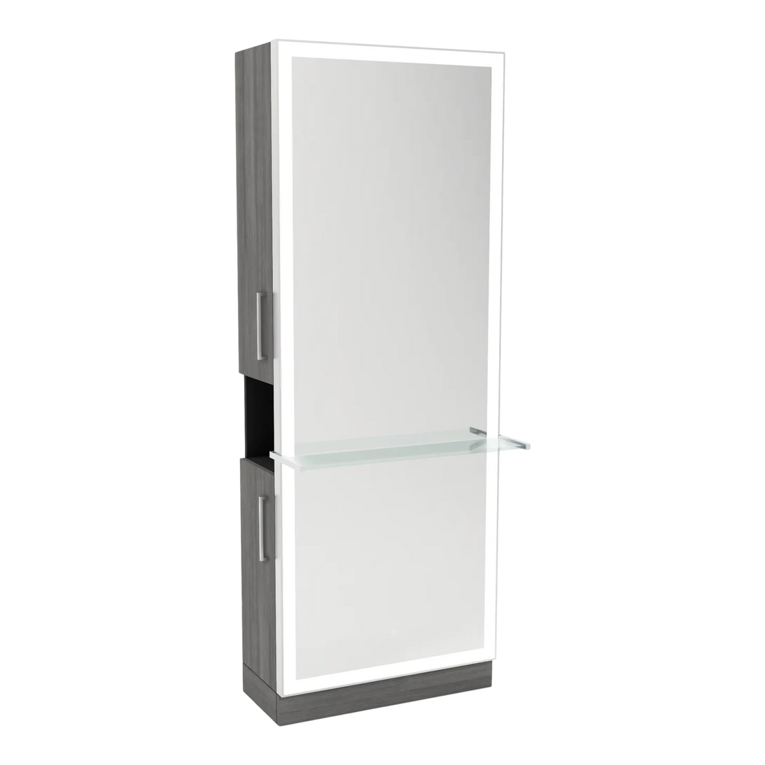 Glo Single Operator Styling Station with Pull-out Appliance Holder, Glass Shelf and Silver Full-Length Rectangle Glo Mirror - Kaemark