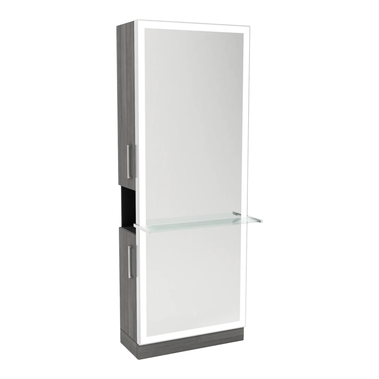 Glo Single Operator Styling Station with Pull-out Appliance Holder, Glass Shelf and Silver Full-Length Rectangle Glo Mirror - Kaemark